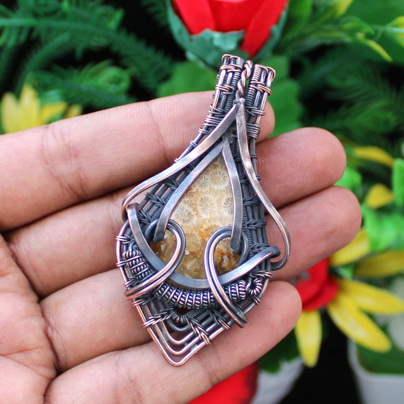 Fossil Coral Handmade Pendant Copper Wire Wrapped Pendant Copper Wire Jewelry