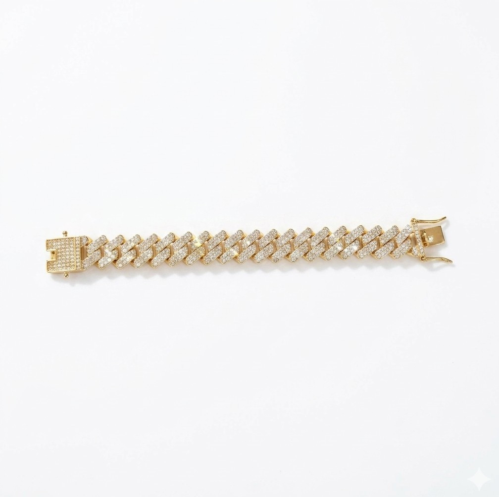 Gold Tone Iced Out Pavé Cuban Link Chain Bracelet Buckle Clasp