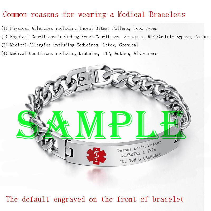 Men Medical Alert ID Chain Bracelet Wristband DIY Free Engraving Stainless Steel