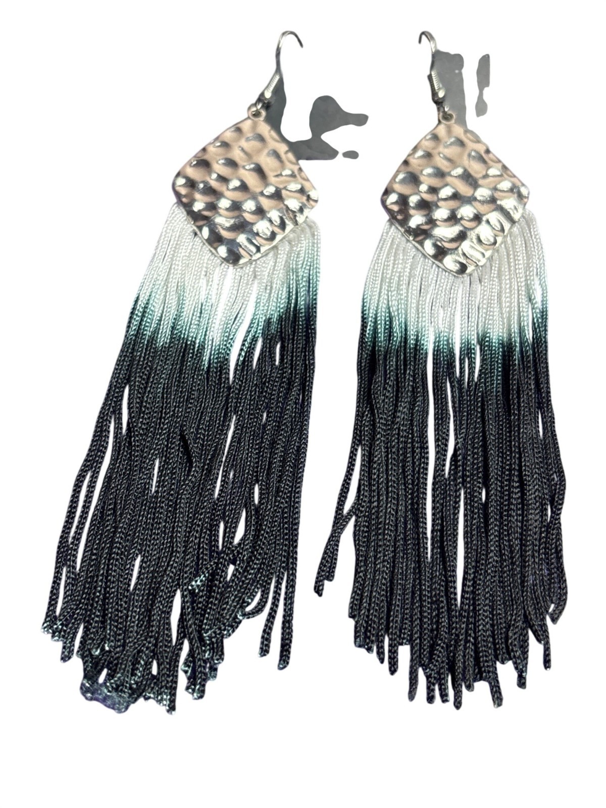 Paparazzi Hammered Silvertone Dangle Earrings Fringe White Blue Black 4.5 in New