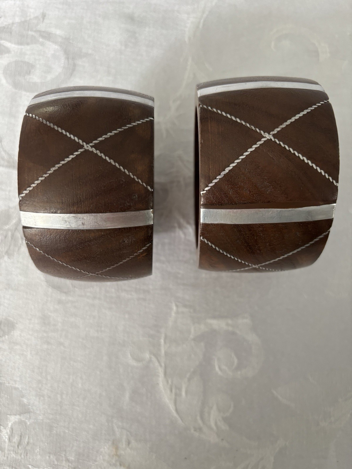 Bangle 2 Bracelets, Wood With Silver Metal Inlay Design, Chunky 2” Wide, Antika
