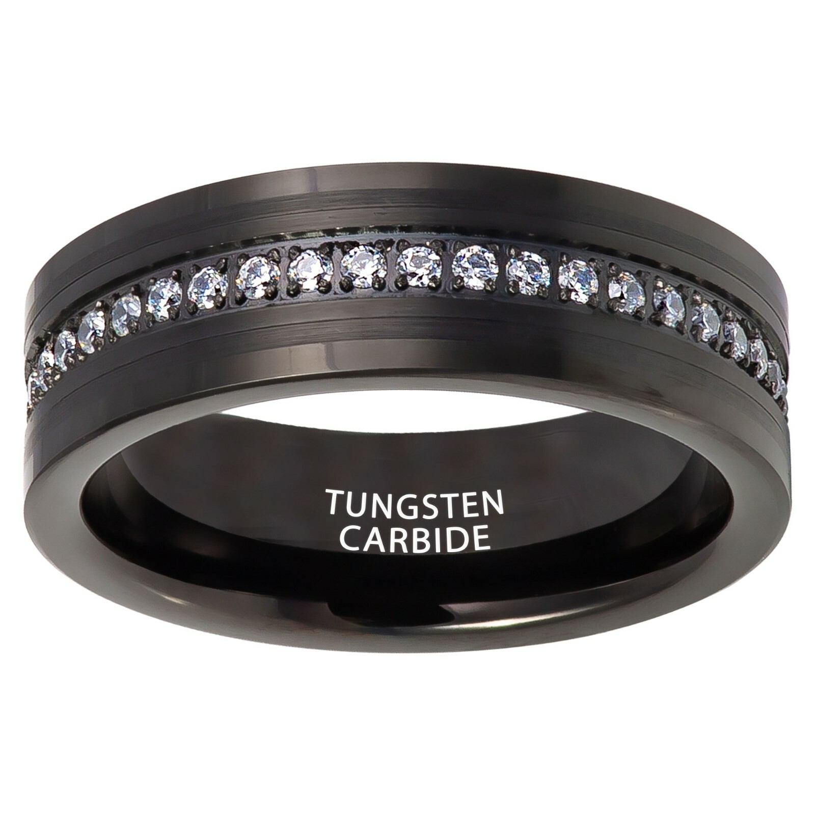 Tungsten Ring Black Ion-plated Prong-set Round White CZ Eternity 8mm Wedding