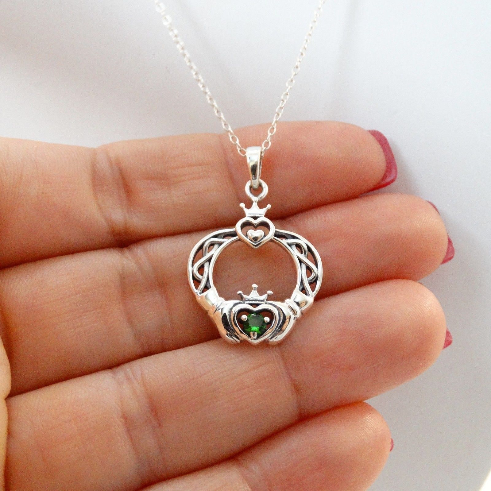 Sterling Silver Irish Claddagh Pendant Necklace with Green Class, 18″ Chain