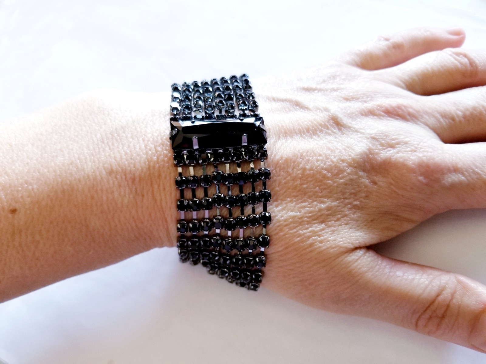 Black Rhinestone Bracelet Prom Pageant Statement Drag Wedding Gothic Jewelry