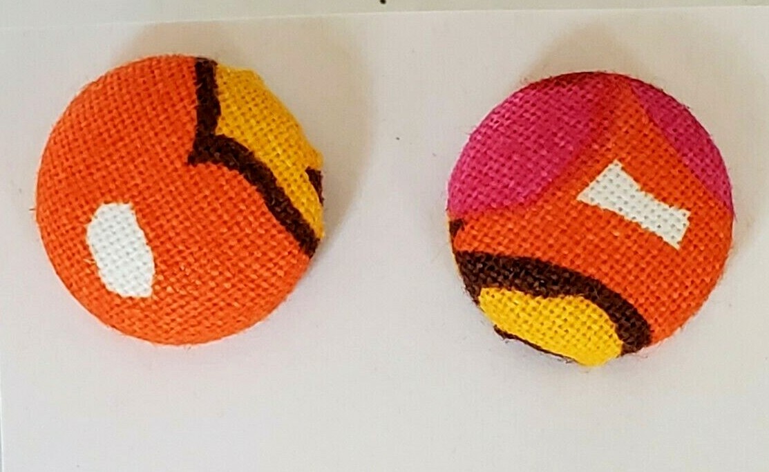 Orange, Pink, Yellow, White Fabric Button Pierced Earrings – New – Hand Made