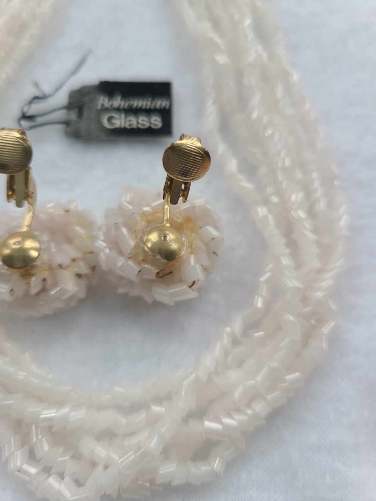 Bohemian Glass Necklace And Earrings By HUGO Pale Pink White Seed Beads