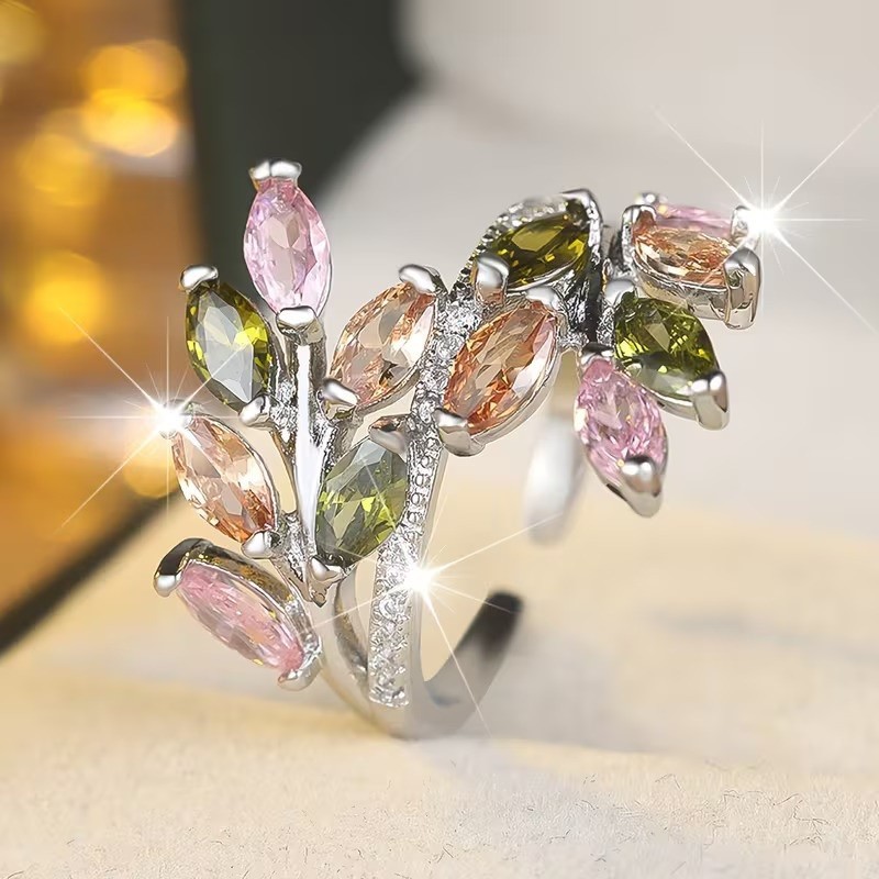 925 Sterling Silver Rainbow Rhinestone Leaves Engagement Ring One Size Fit All