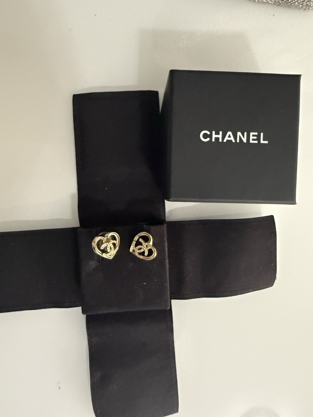 Authentic Chanel 23P Gold Tone CC Open Heart Crystal Stud Earrings with Box