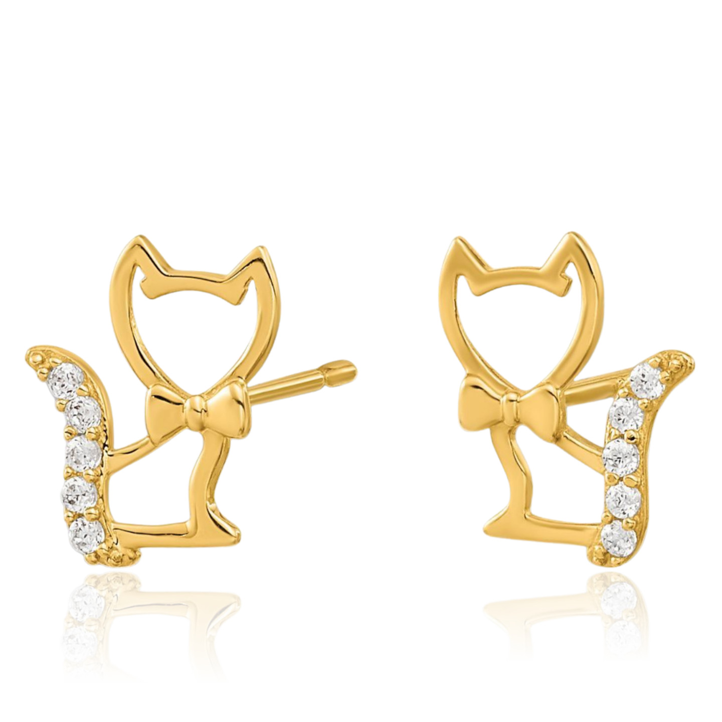 14K Solid Yellow Gold Cubic Zirconia Large Kitten Cat Stud Earrings 9.14mm 3/8