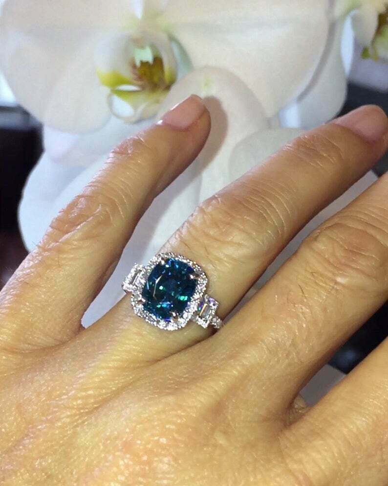 2Ct Cushion Simulated London Blue Topaz Halo Ring 14K White Gold Plated Silver