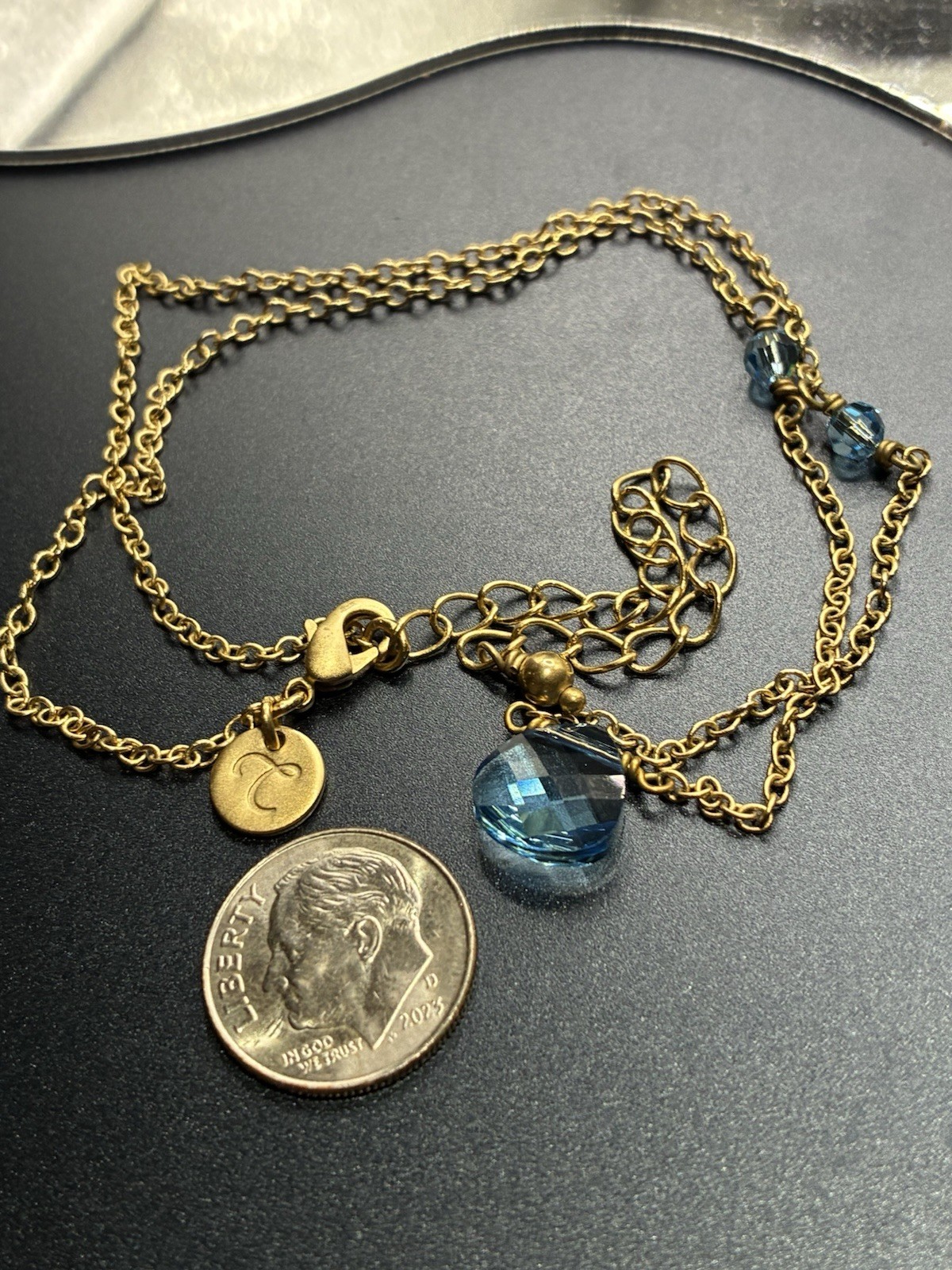 Touchstone Crystal Light Sapphire Briolette and Bead Gold Tone Necklace