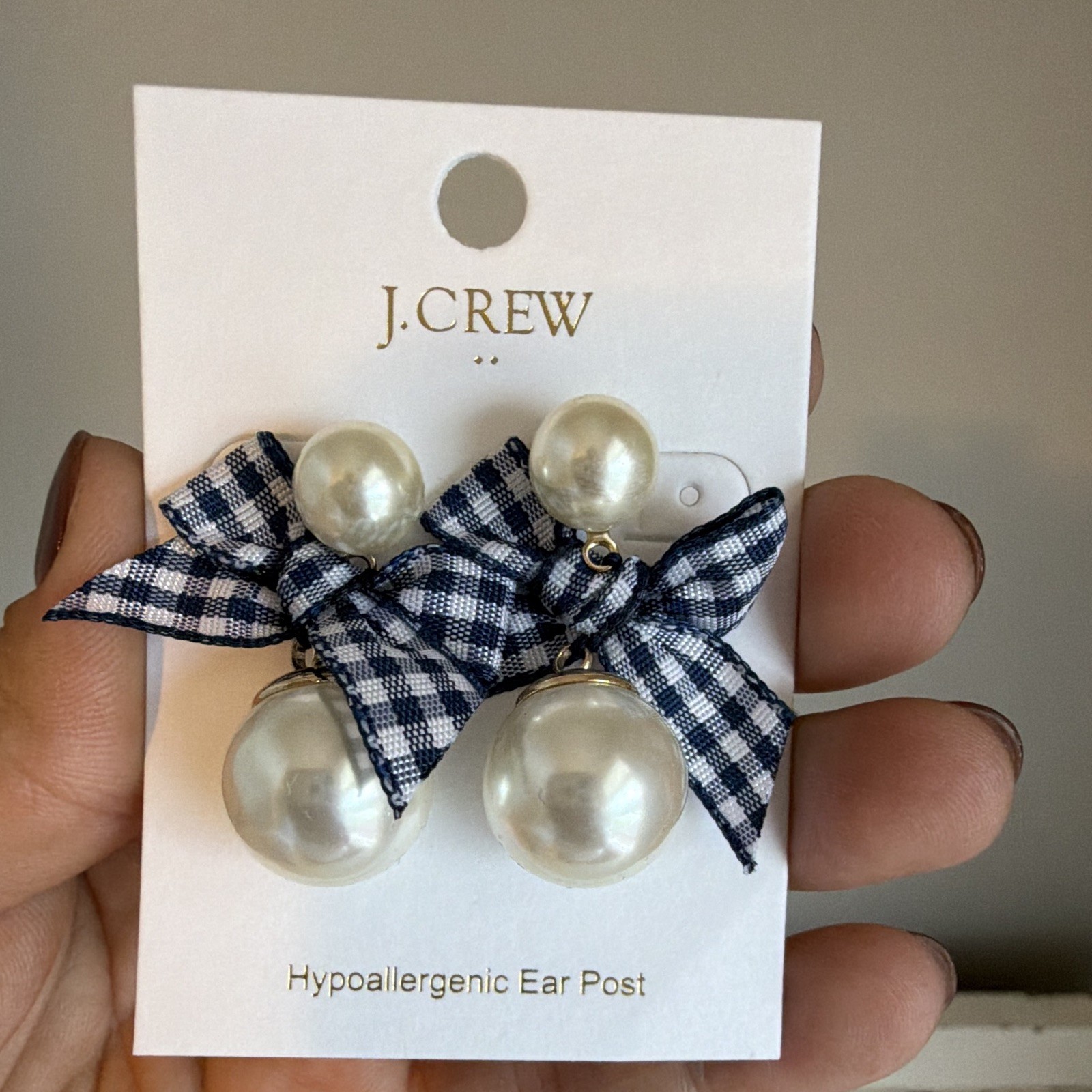 J.CREW Gingham Bow Dangle Earrings White Simulated Pearl Hypoallergenic